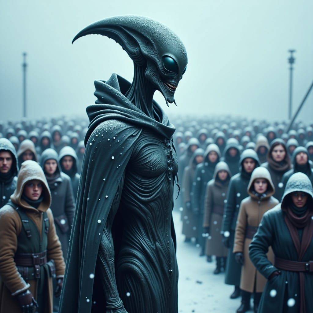 Alien Encounter in Snowfall: Gothic Fantasy Art