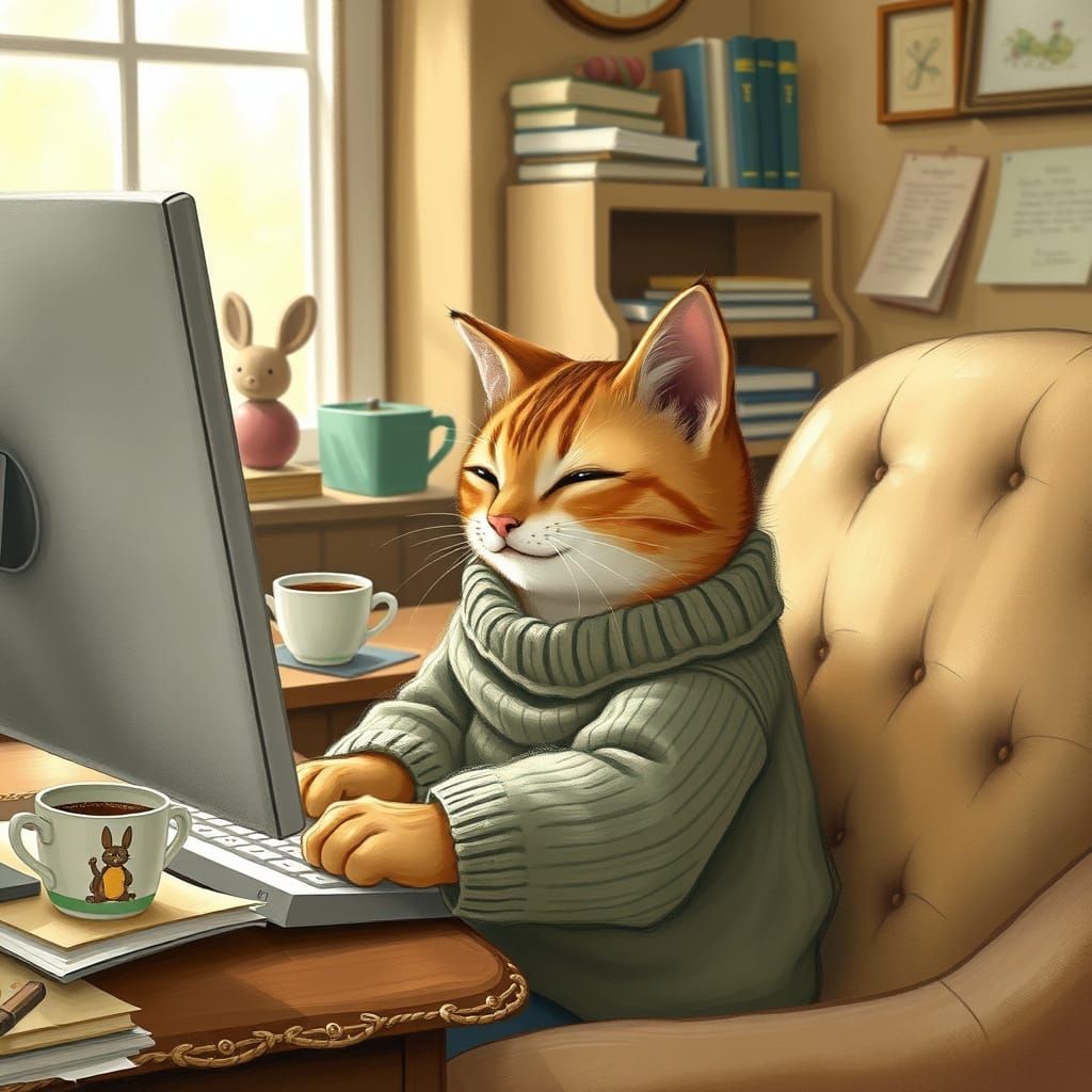 Cozy Home Office Scene in Whimsical Style