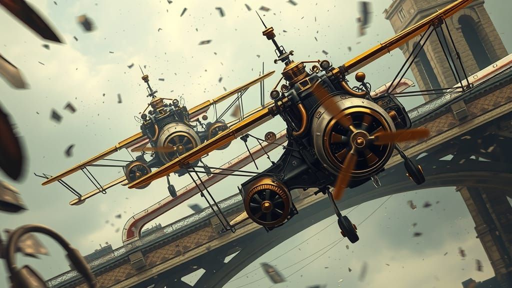 Steampunk Aircraft Dogfight Over City Bridge