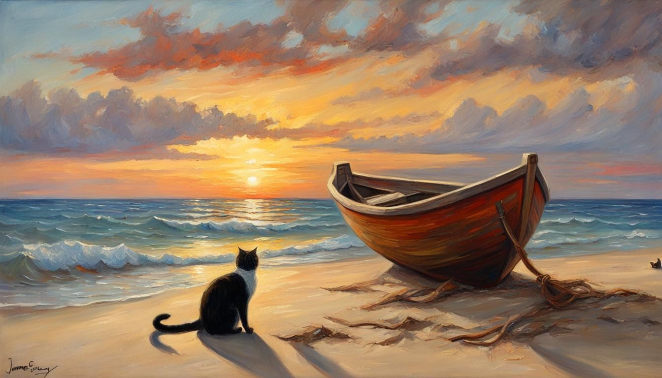 Sunset Scene: Boat, Cat, and Ocean in Oil Painting Style