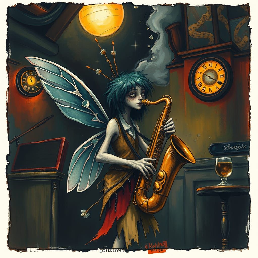 Beatnik Fairy Plays Saxophone in Smoky Jazz Club