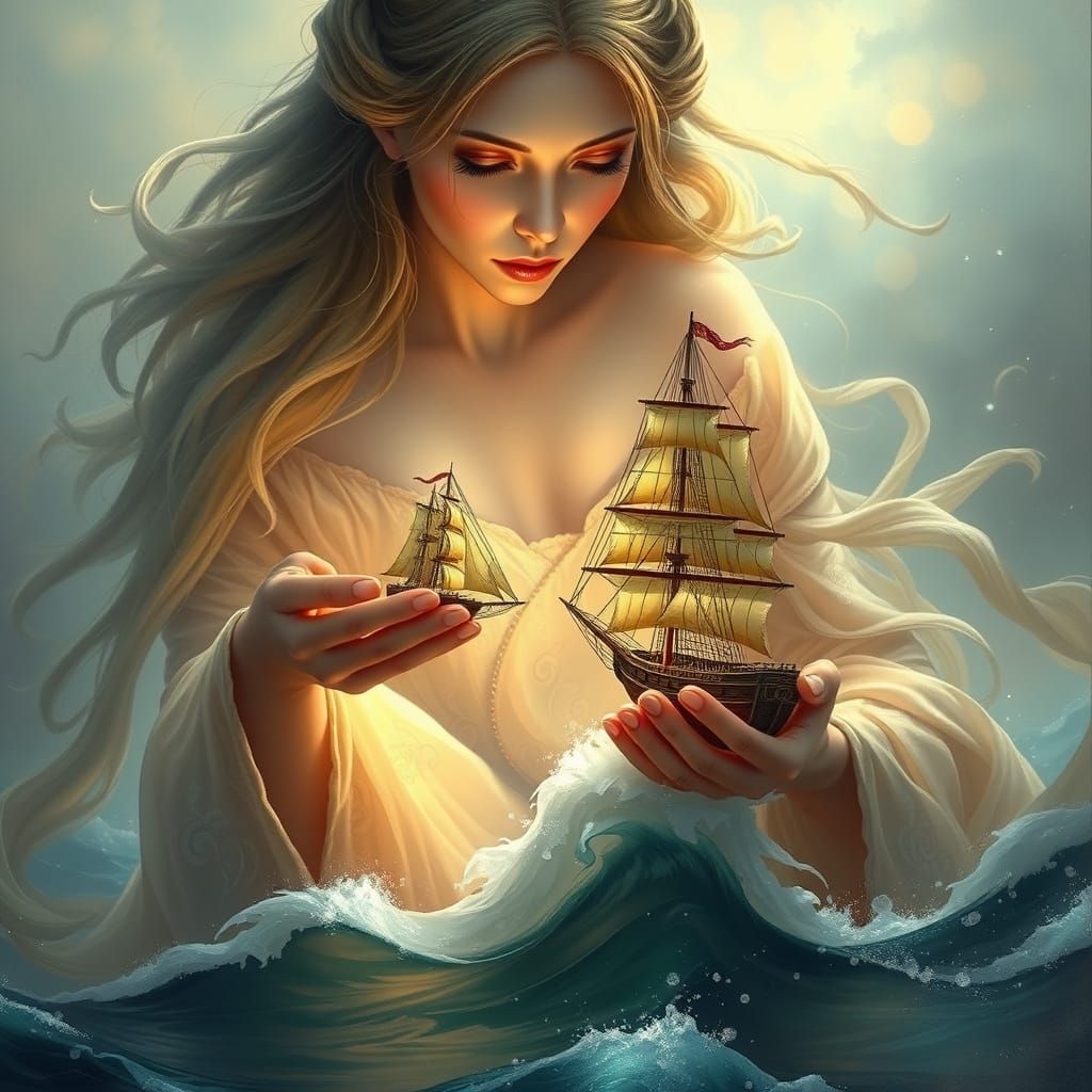 Fantasy Giantess Holds Miniature Ship in Dreamy Mist