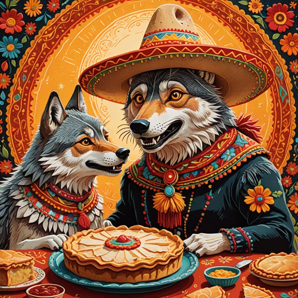 Festive Wolf Shares Pie: A Folk Art Illustration