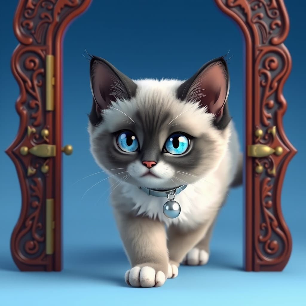 Elegant Siamese Cat Strolls Through Whimsical Cherry Wood Ca...