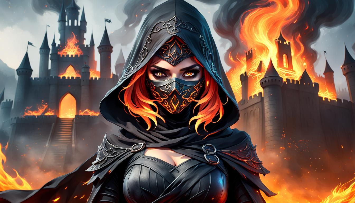 Hyper Realistic Beautiful women black outfit Covering her face with black cloth giving furious look with fire behind the...