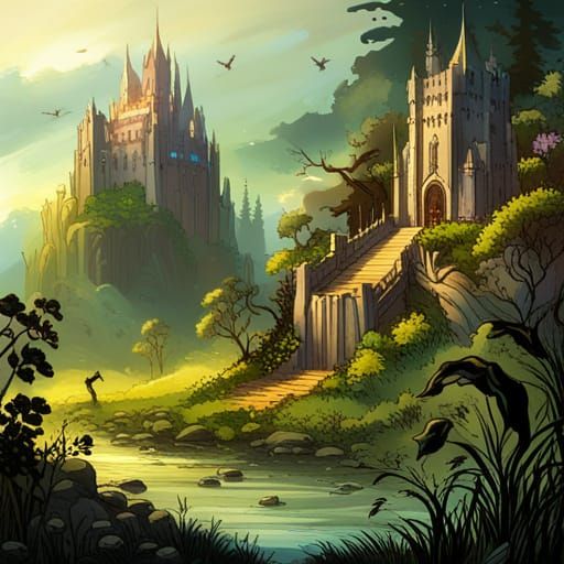 High Gothic Faerie Castle in Spring Forest