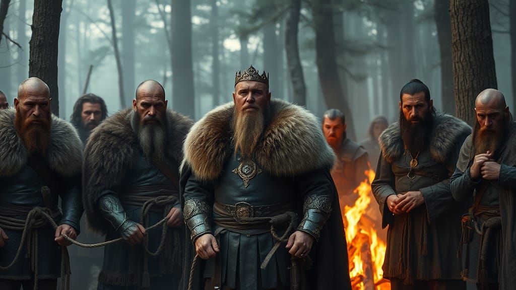 Viking King Amidst Misty Forest Camp, Uniting Defiant Captiv...