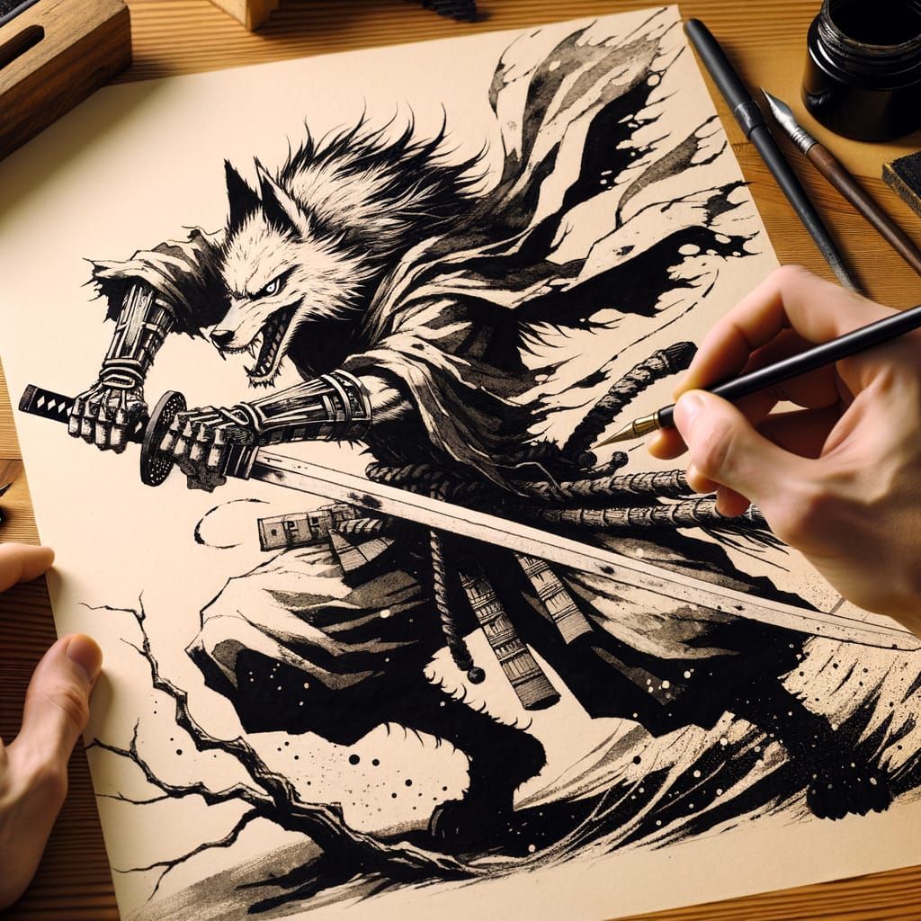 Wolf-Headed Warrior with Sword in Ukiyo-e Style