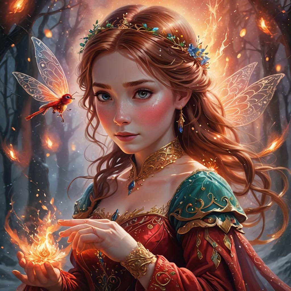 Princess Anna with Fire Fairy in Ethereal Cottagecore Style