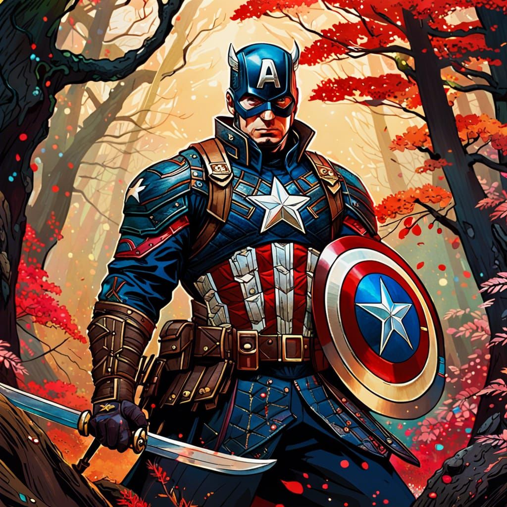 Samurai Captain America in Watercolor Style