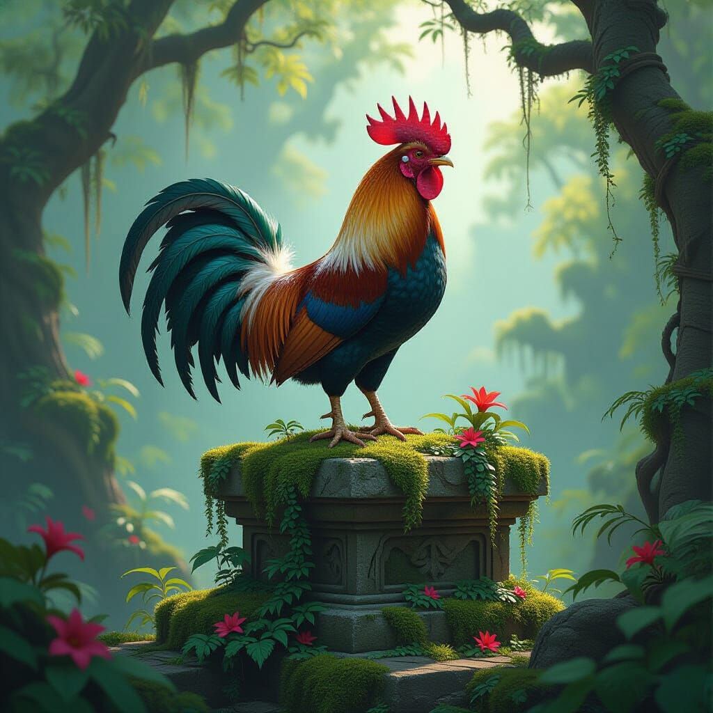 Majestic Rooster on Ancient Ruin in Sun-Dappled Forest