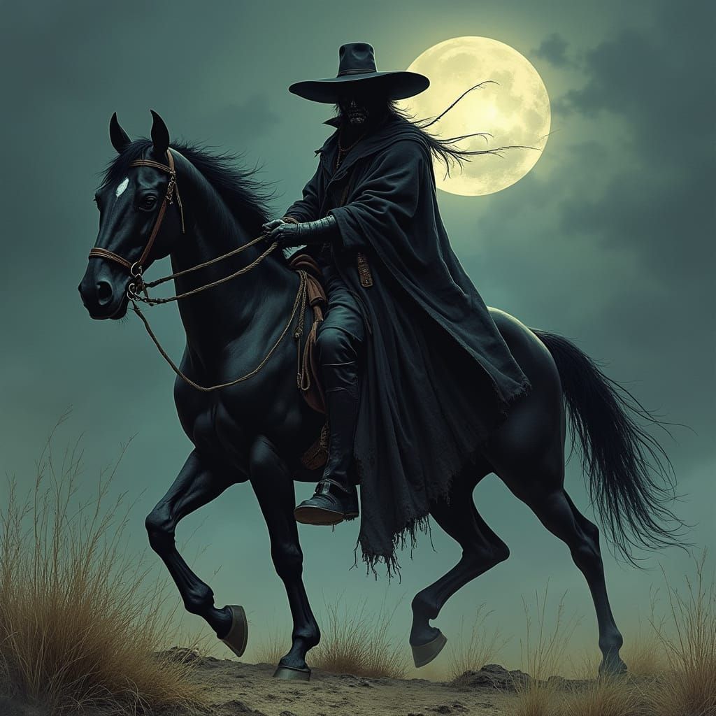 Dark Fantasy Horseman Rides into the Moonlit Night