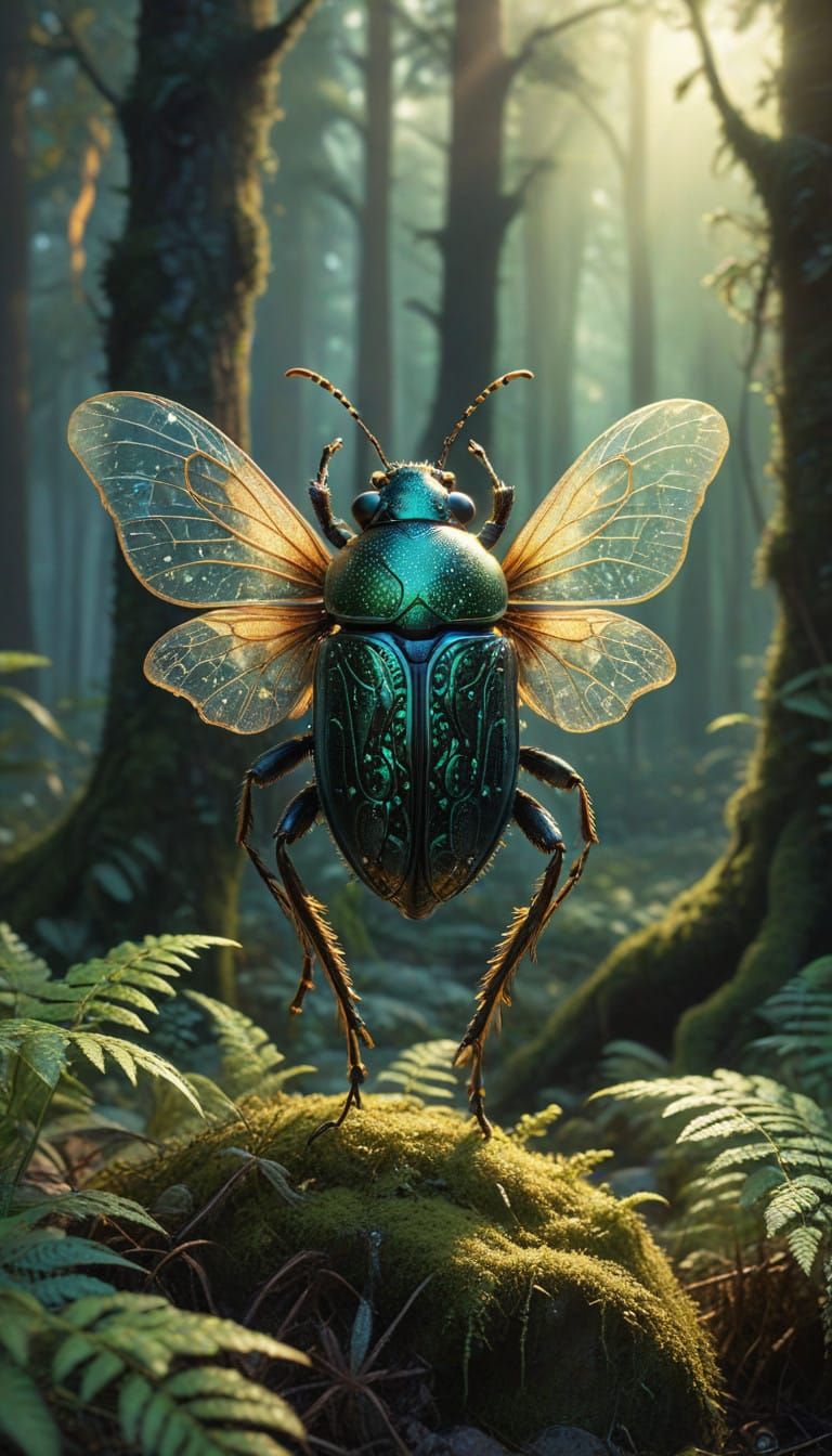 Majestic Cinder Beetle in Enchanted Forest Glade