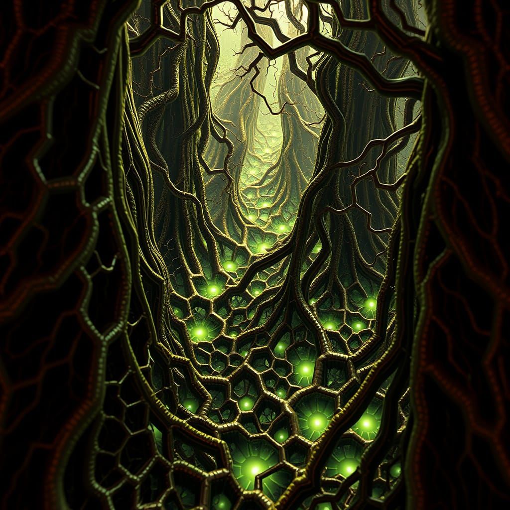 Fractal Roots in Burnt Umber and Moss Green