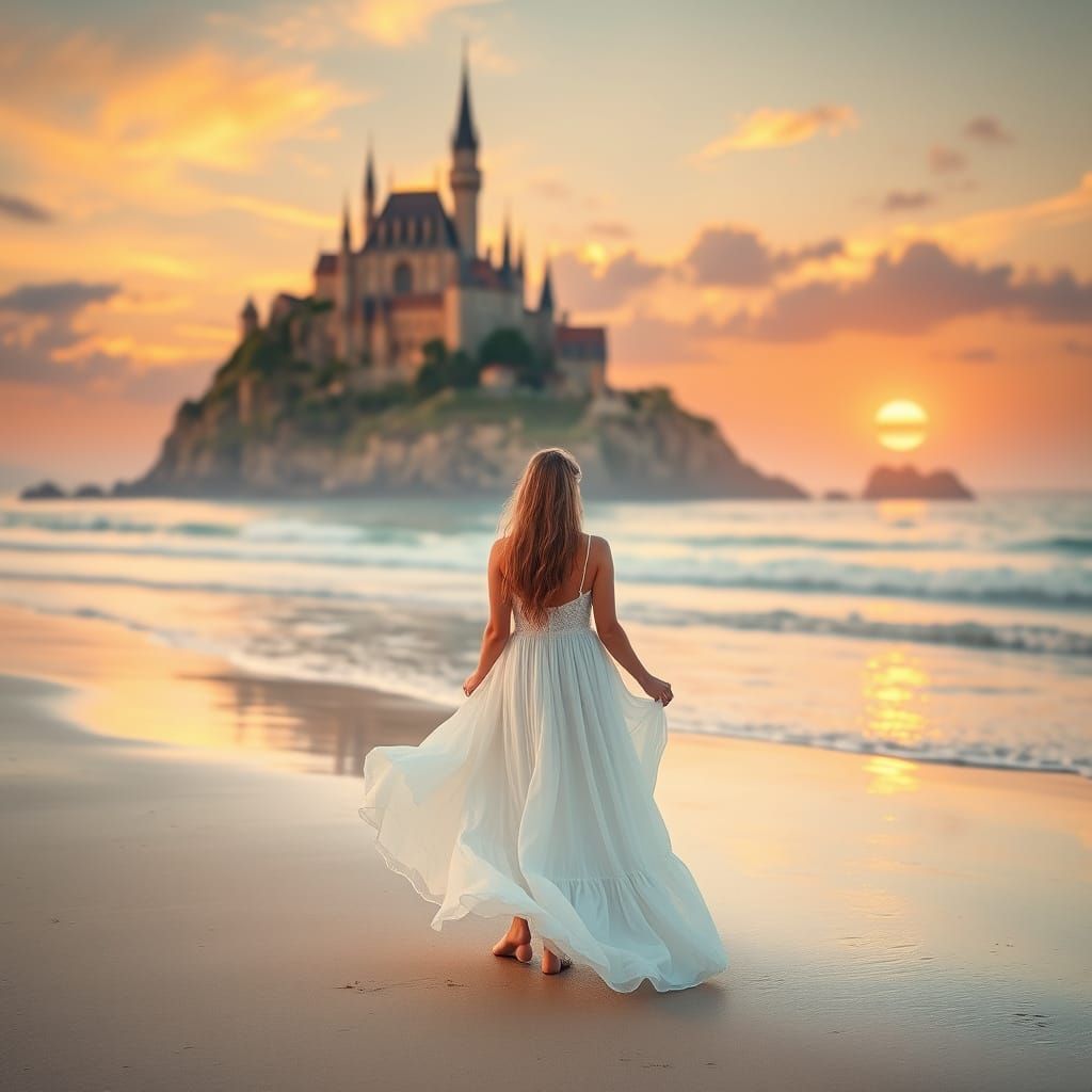 Woman on Beach at Sunset in Impressionist Style