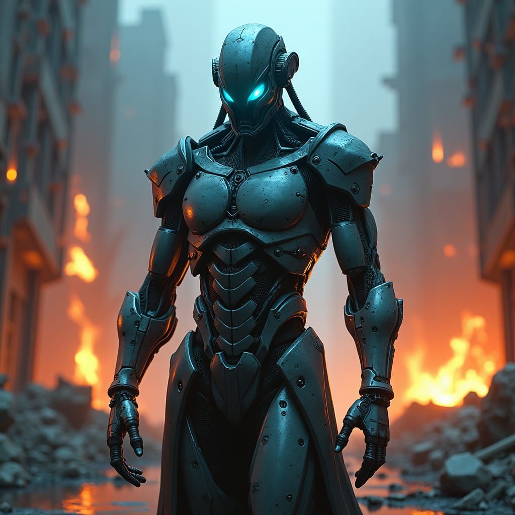 Menacing Borg Cyborg in Dystopian Cyberpunk Cityscape