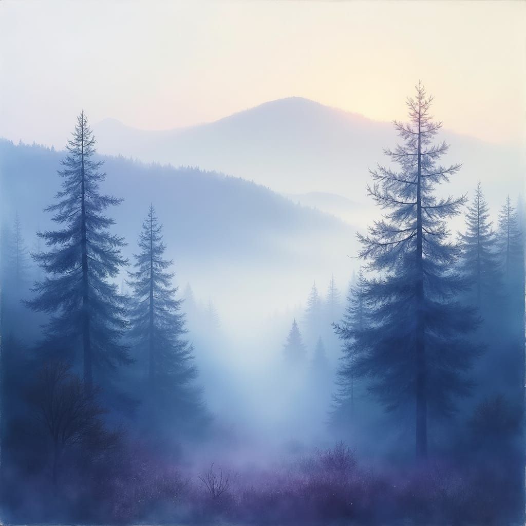 Misty Forest Watercolor Painting in Blue and Purple Hues