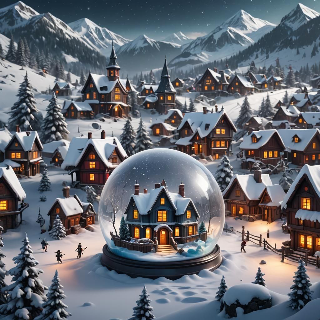 Winter Snow Globe with Houses: Detailed Matte Painting
