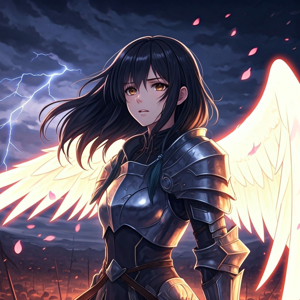 Fierce Anime Valkyrie on Battlefield with Glowing Sword