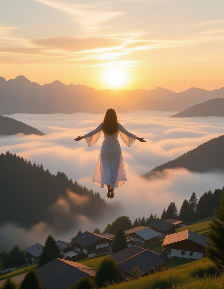 Dreamlike Girl Floats Above Misty Mountain Village at Dawn