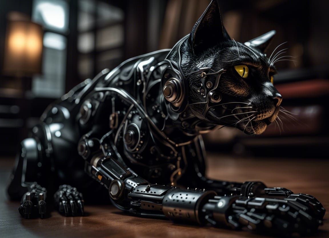 Hyperrealistic Robot Black Cat Portrait