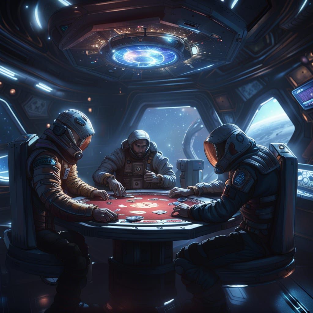 Cosmic Poker Game in Spaceship, Dark Fantasy Style