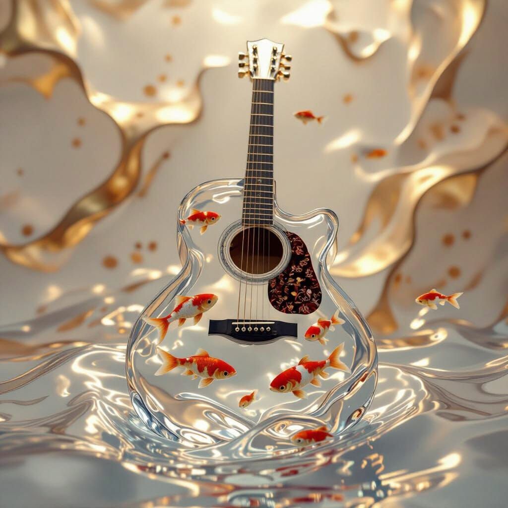 Water Guitar with Koi Fish in Fluid Gold Background