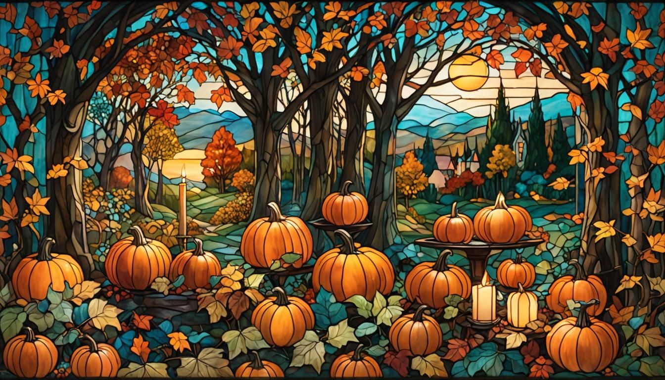Autumnal Stained Glass Rural Scene