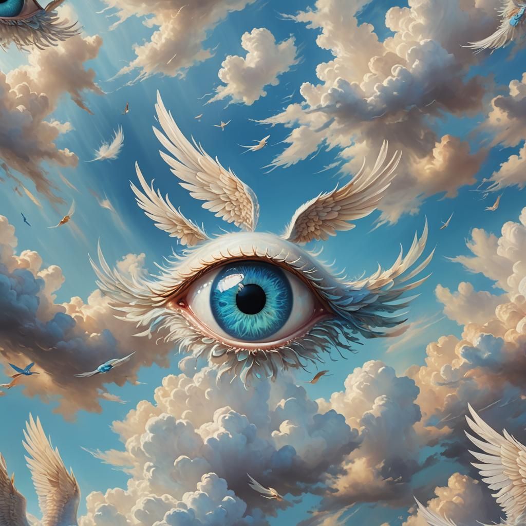 Winged Eyeball Floats Through Heaven: Surreal Oil Painting