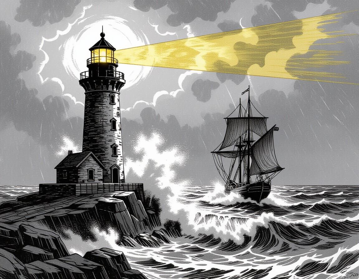 Lighthouse Defiant Against Stormy Sea in Ink Drawing