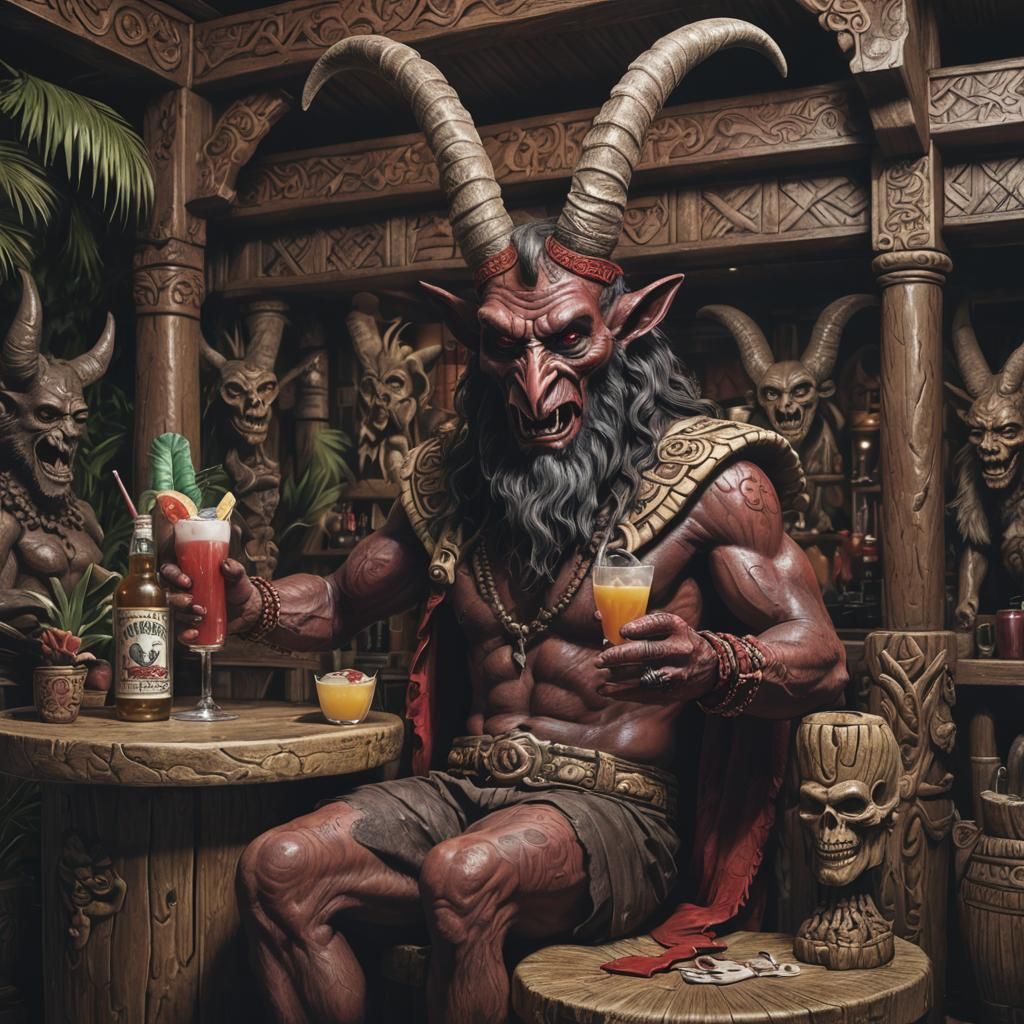 Baphomet Enjoys Cocktail in Tiki Bar