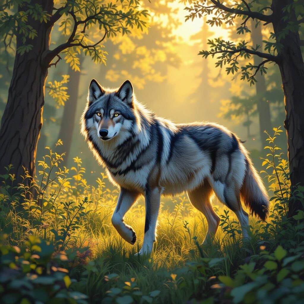 Grey Wolf Roaming in Lush Forest as Digital Painting