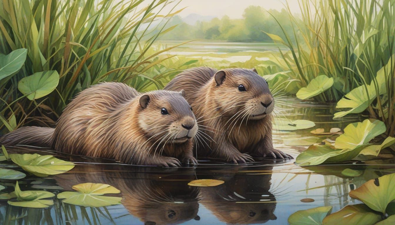 Muskrats Embrace in Wetland Watercolor Illustration
