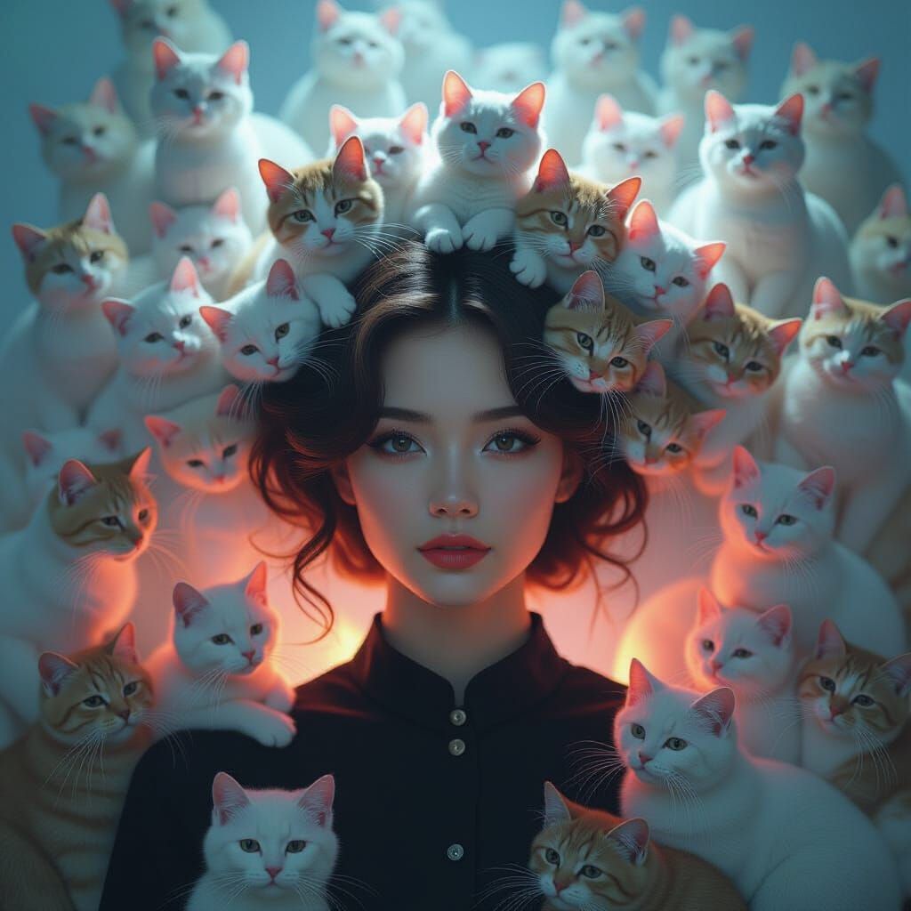 Woman's Head Filled With Cats, Dreamy Double Exposure Style