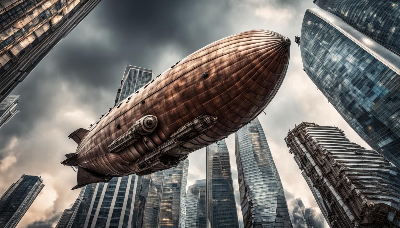Hyperrealistic Airship Soaring Over City Skyscrapers