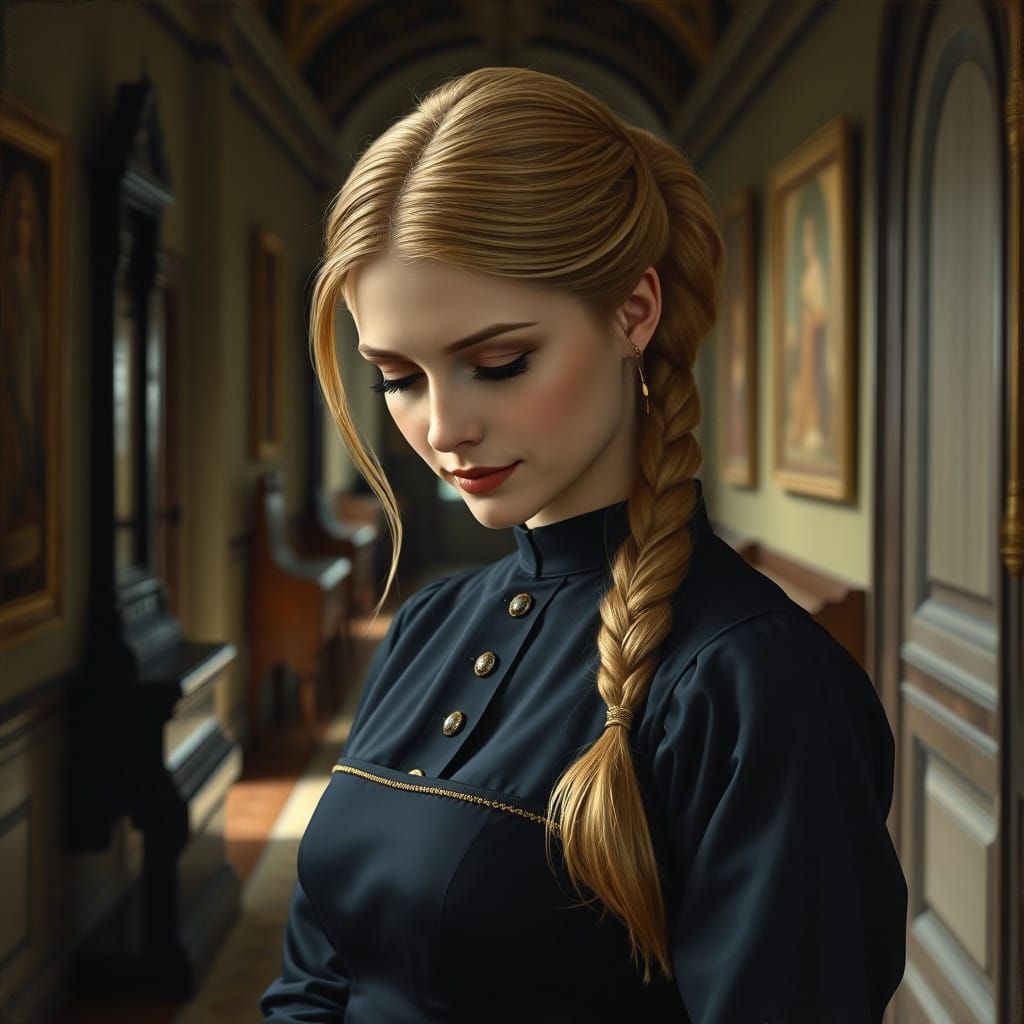 Elegant Maid in Traditional Oil Painting Style