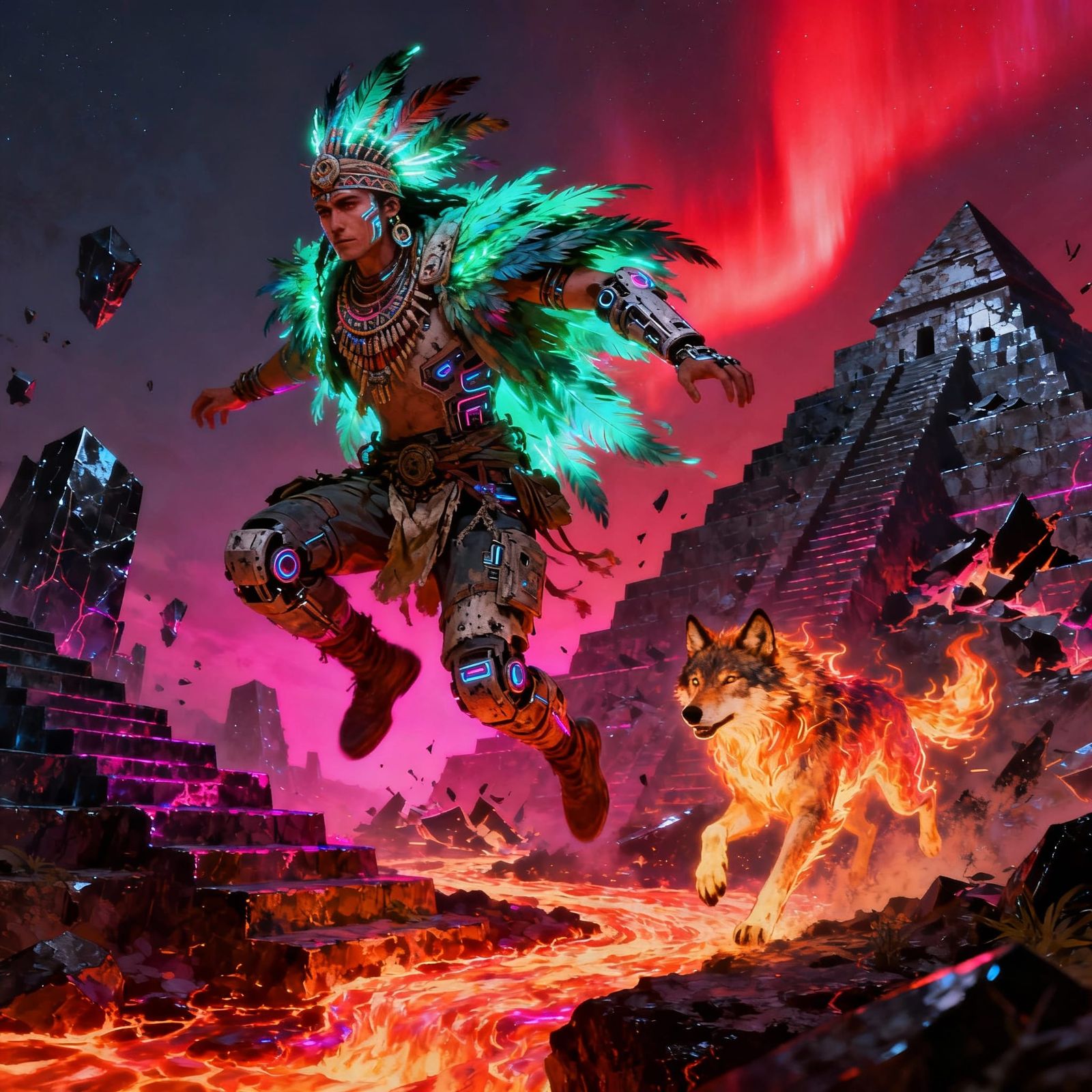 Neon Shaman Dances Over Lava in Tribal Cyberpunk
