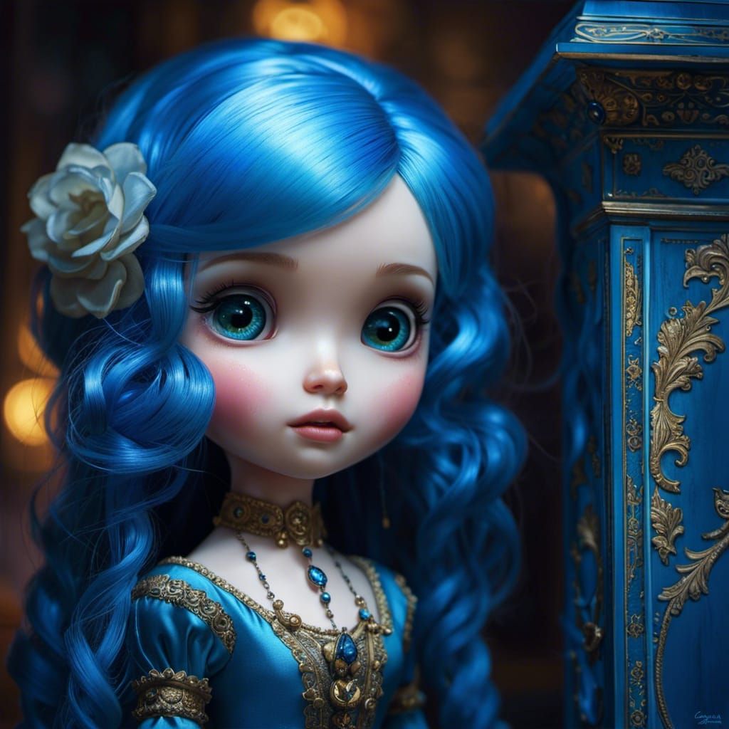 Blue Blythe Doll in Rococo Castle, Digital Art