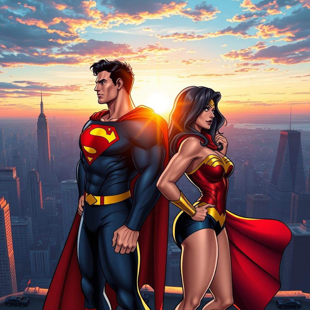 Superheroes Overlooking Metropolis at Sunset