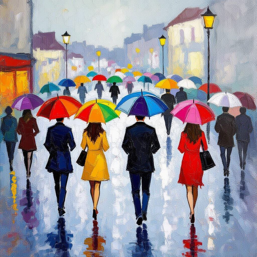 People with Colorful Umbrellas in Neo-Impressionist Style