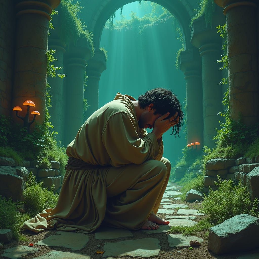 Distraught Husband in Ruined Mystical Landscape