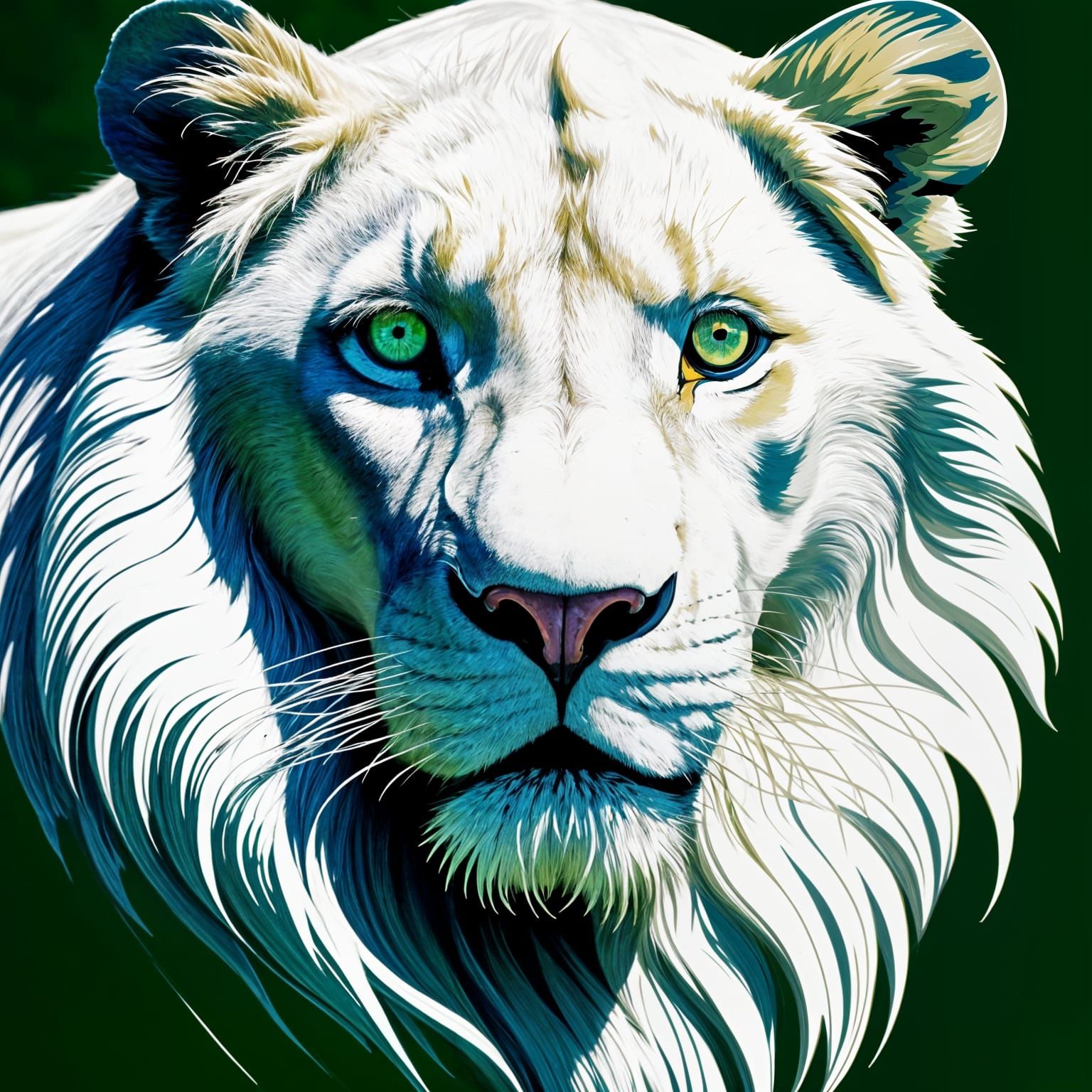 Vibrant White Lion Face with Emerald Eyes in a Splash of Gre...