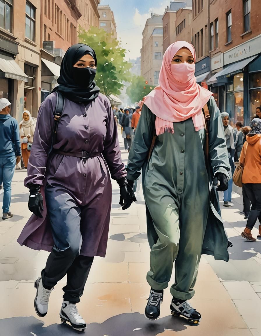 Two Hijabi Girls Inline Skating, Watercolor Style