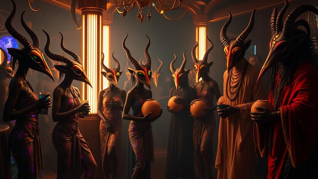 Surreal Barroom Scene with Antelope Women and Aliens