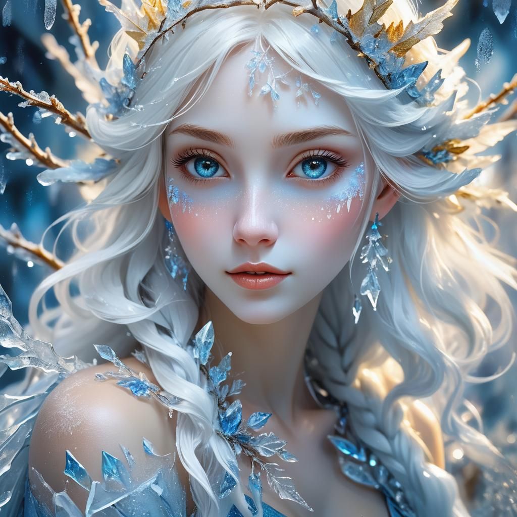 Ice Fairy Portrait with Frost Crystals as Splash Art