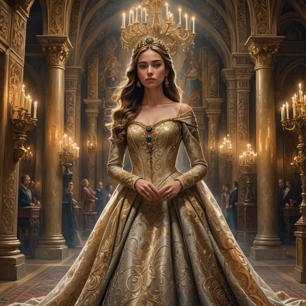 Princess in Ornate Castle Hall with Rembrandt Lighting