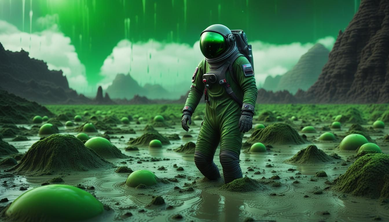 Green Rain on Distant Alien Planet in Photorealistic Style