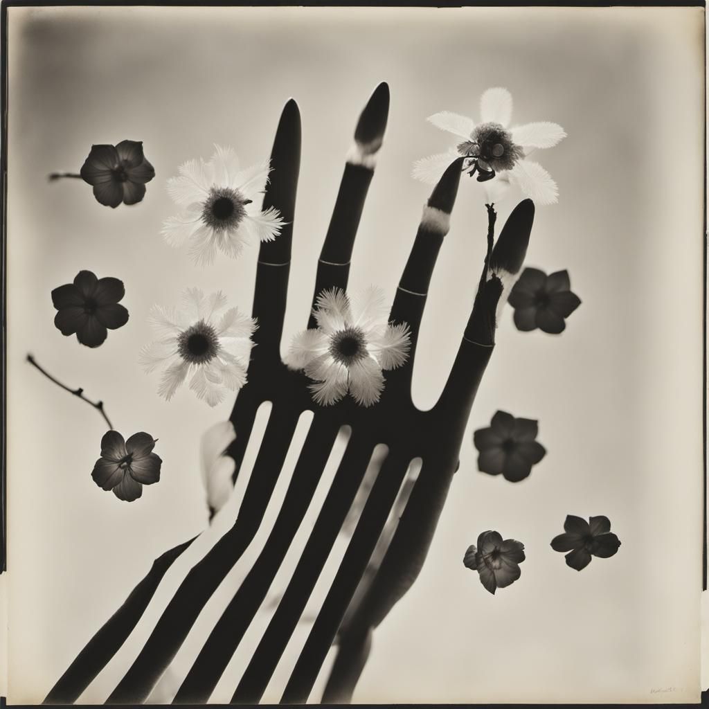 Hand Rayograph By Man Ray ,  (human hand with four fingers and one thumb)  ,  hand ,flower, Photogram by Laeaurra Hand r...