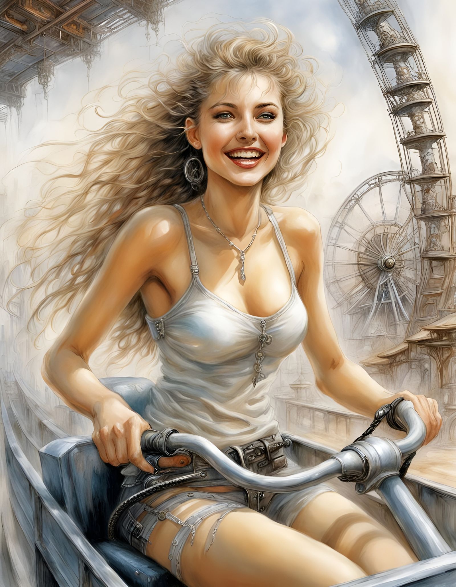 Joyful Woman on Theme Park Ride in Royo Style
