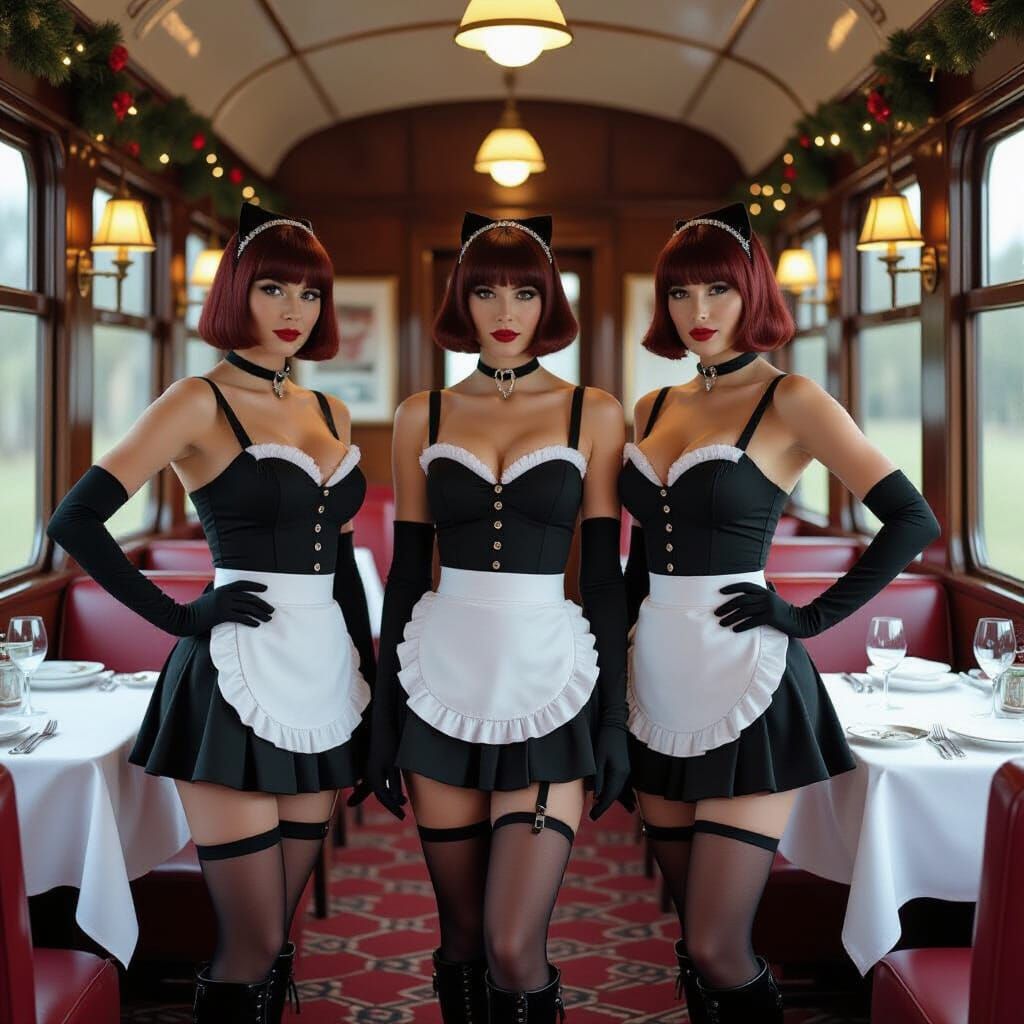 Elegant Waitresses in Christmas Train Car